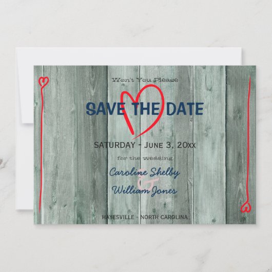 Rusitc Red Heart en Wood Save the Date (Voorkant)