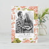 Ruso waterverf hydrangea's perzik foto save the date (Staand voorkant)