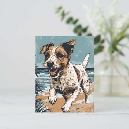 Russel-terrier aan het strand briefkaart (Staand voorkant)