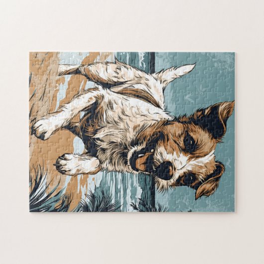 Russel-terrier aan het strand legpuzzel (Horizontaal)