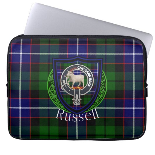 Russell Scottish Clan Tartan and Crest  Laptop Sleeve (Voorkant)