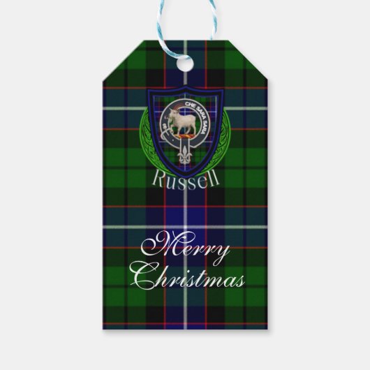Russell Scottish Clan Tartan & Crest Cadeaulabel (Voorkant)