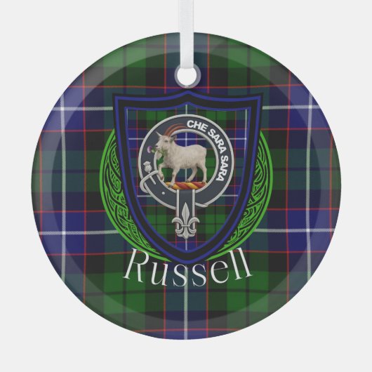 Russell Scottish Clan Tartan & Crest Glas Ornament (Voorkant)