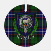 Russell Scottish Clan Tartan & Crest Glas Ornament (Achterkant)