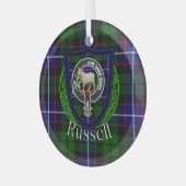 Russell Scottish Clan Tartan & Crest Glas Ornament (Voorkant links)
