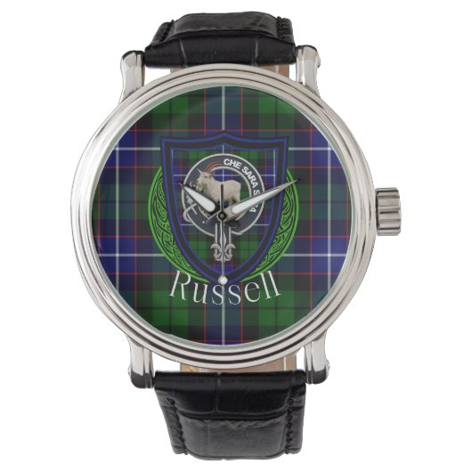 Russell Scottish Clan Tartan & Crest Horloge (Voorkant)