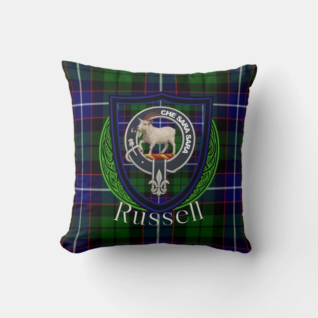 Russell Scottish Clan Tartan & Crest Kussen (Voorkant)