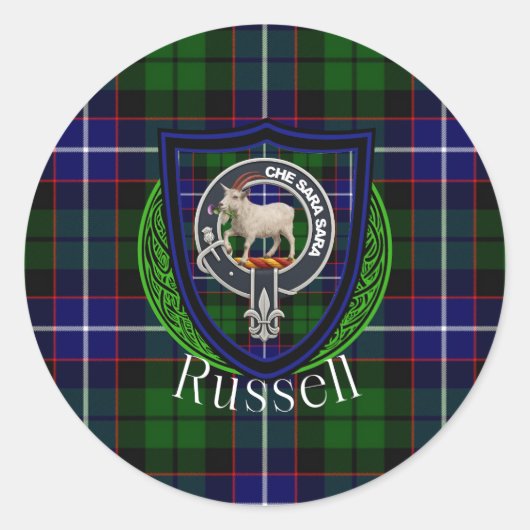 Russell Scottish Clan Tartan & Crest Ronde Sticker (Voorkant)