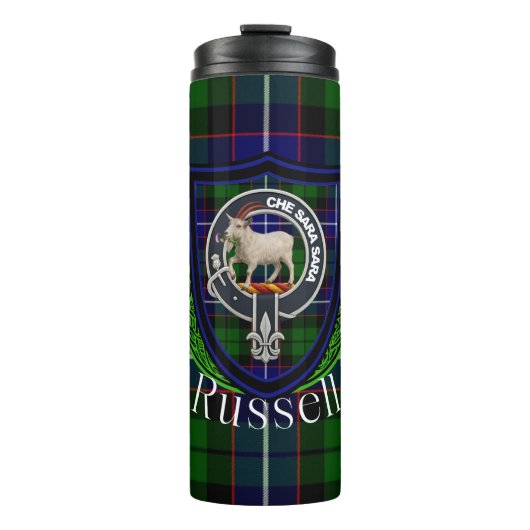 Russell Scottish Clan Tartan & Crest Thermosbeker (Voorkant)