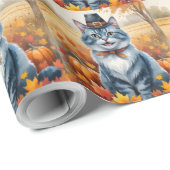 Russian Blue Cat Autumn verlaat Thanksgiving kunst Cadeaupapier (Rol Hoek)
