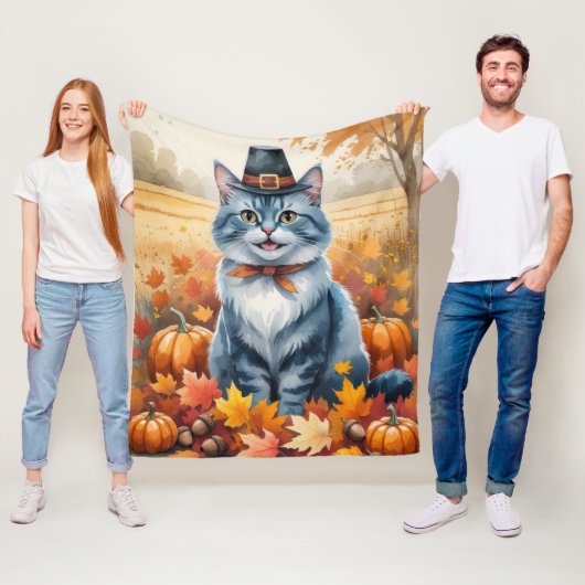 Russian Blue Cat Autumn verlaat Thanksgiving kunst Fleece Deken (In situ)