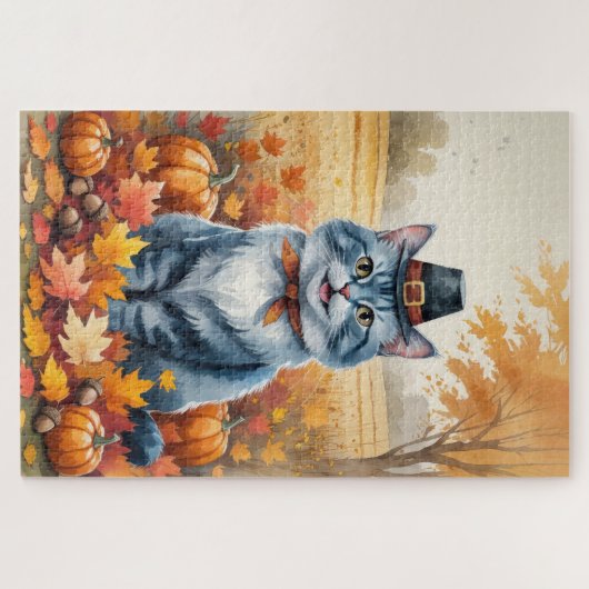 Russian Blue Cat Autumn verlaat Thanksgiving kunst Legpuzzel (Horizontaal)