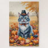 Russian Blue Cat Autumn verlaat Thanksgiving kunst Legpuzzel (Verticaal)