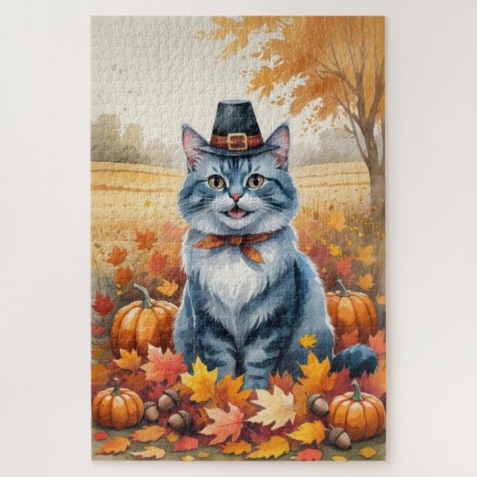 Russian Blue Cat Autumn verlaat Thanksgiving kunst Legpuzzel (Verticaal)