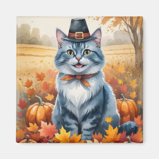 Russian Blue Cat Autumn verlaat Thanksgiving kunst Magneet (Voorkant)