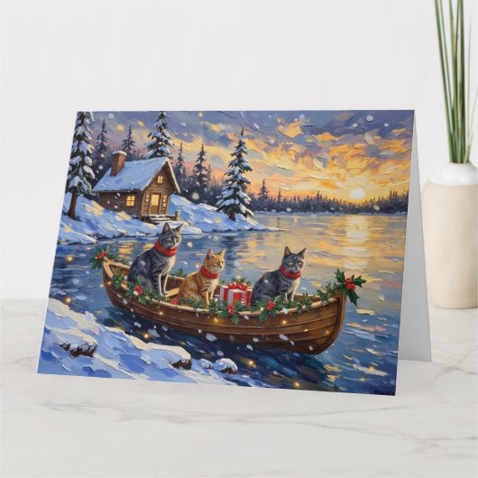 Russian Blue Cat Christmas Boat Holiday Kaart (Voorkant)