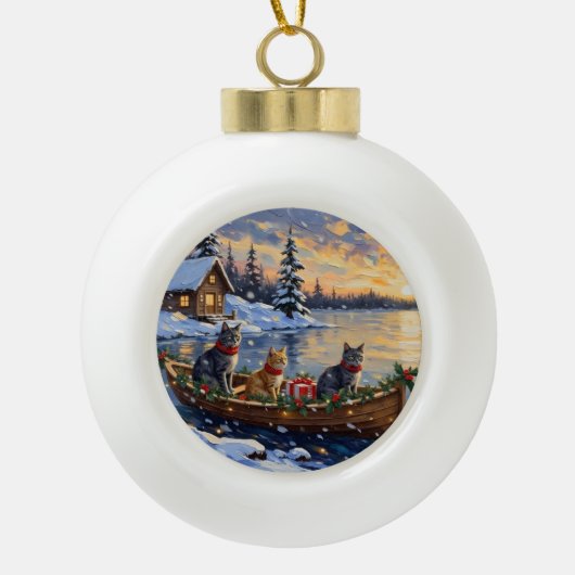 Russian Blue Cat Christmas Boat Holiday Keramische Bal Ornament (Voorkant)