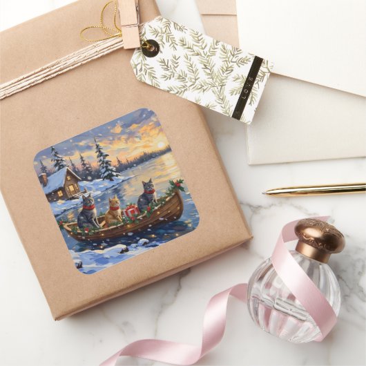 Russian Blue Cat Christmas Boat Holiday Vierkante Sticker (Geschenken)