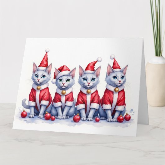 Russian Blue Cat Christmas Dress Santa Hat Kaart (Voorkant)