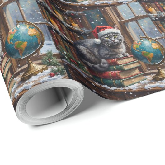 Russian Blue Cat Christmas Library Reading Nook Cadeaupapier (Rol Hoek)