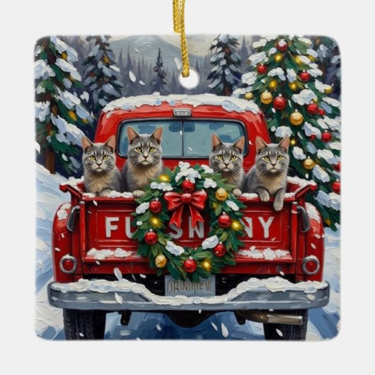 Russian Blue Cat Christmas Red Truck Holiday Keramisch Ornament (Voorkant)