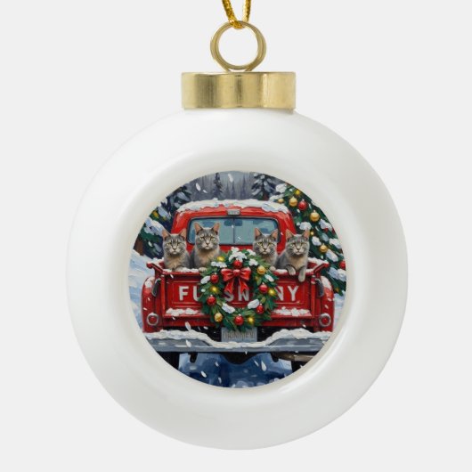 Russian Blue Cat Christmas Red Truck Holiday Keramische Bal Ornament (Voorkant)