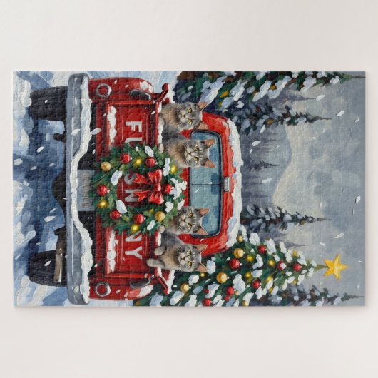 Russian Blue Cat Christmas Red Truck Holiday Legpuzzel (Horizontaal)
