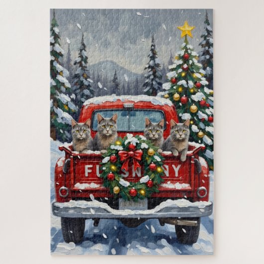 Russian Blue Cat Christmas Red Truck Holiday Legpuzzel (Verticaal)