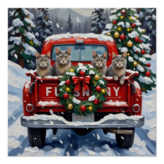 Russian Blue Cat Christmas Red Truck Holiday Perfect Poster (Voorkant)