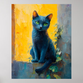 Russian Blue Cat in Golden Light – Peaceful Ledge Poster