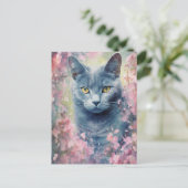 Russian Blue Cat waterverf bloemen Briefkaart (Staand voorkant)