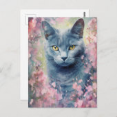 Russian Blue Cat waterverf bloemen Briefkaart (Voorkant / Achterkant)