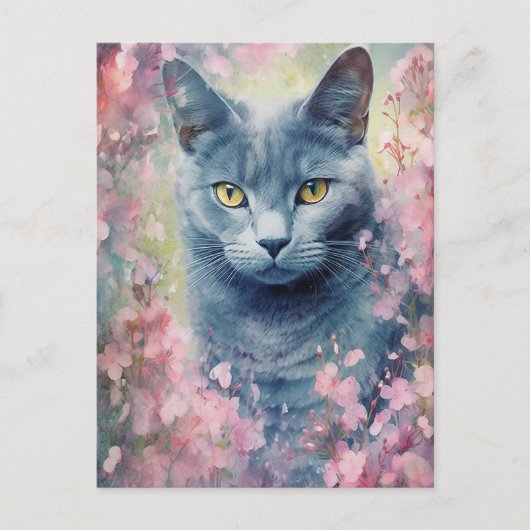 Russian Blue Cat waterverf bloemen Briefkaart (Voorkant)