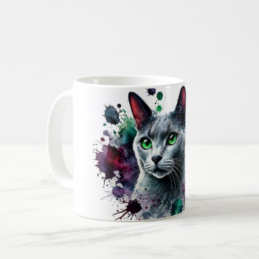 Russian Blue Cat Waterverf Koffiemok (Voorkant links)