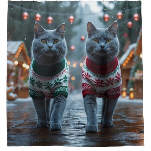 Russian Blue Cats Christmas Snow Holiday  Douchegordijn (Voorkant)