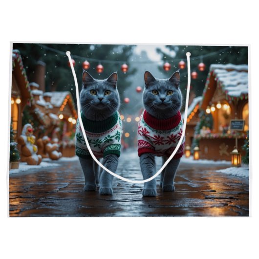 Russian Blue Cats Christmas Snow Holiday  Groot Cadeauzakje (Achterkant)