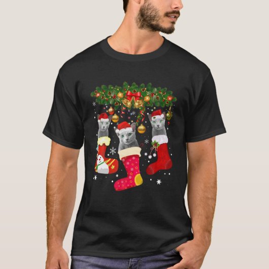 Russian Blue Cats In Christmas Sock Funny Russian T-shirt (Voorkant)