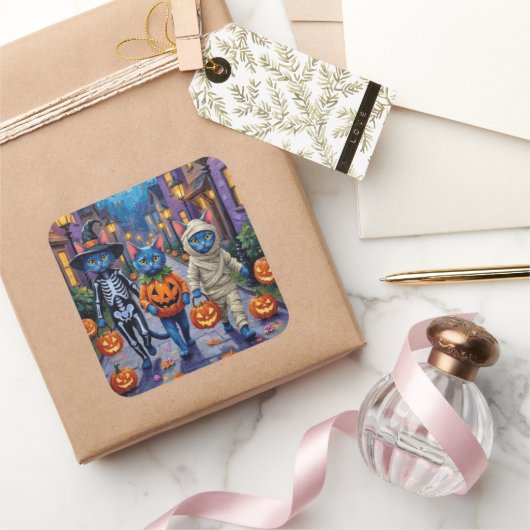 Russian Blue Cats in Halloween Costumes Vierkante Sticker (Geschenken)