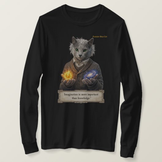 Russian Blue Einstein Cat - Imagination T-shirt (Design voorkant)