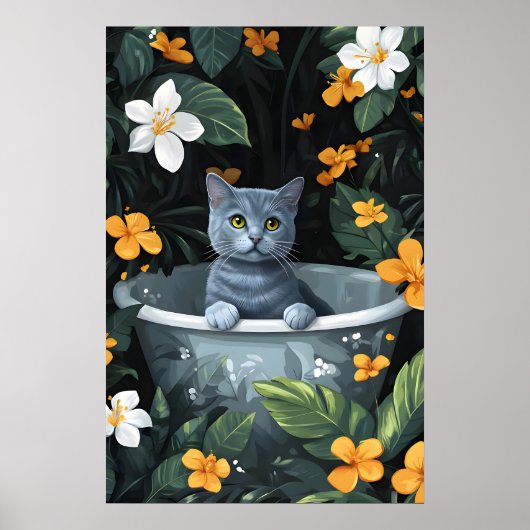 Russian Blue In Bathtub Poster, Funny Cat Poster (Voorkant)