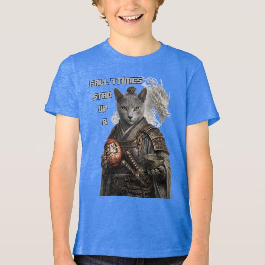 Russian Blue Samurai Cat Tri-Blend Shirt (Voorkant)