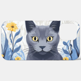 Russisch Blau Kat Geel Bloemen Case-Mate iPhone Case