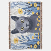 Russisch Blau Kat Geel Bloemen Deken (Voorkant Verticaal)