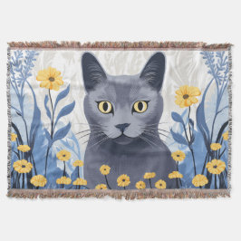 Russisch Blau Kat Geel Bloemen Deken