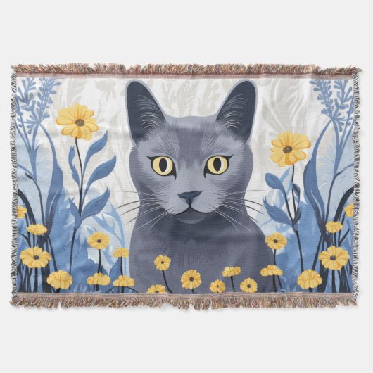 Russisch Blau Kat Geel Bloemen Deken (Voorkant)