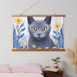 Russisch Blau Kat Geel Bloemen Hangend Wandkleed