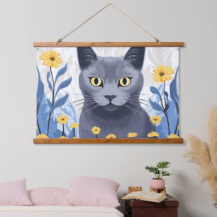 Russisch Blau Kat Geel Bloemen Hangend Wandkleed