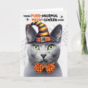 Russisch Blauw Grijs Kat PURRanormale MEOWolween Feestdagen Kaart