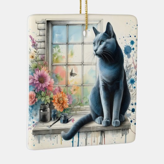 Russisch Blauw Kat in Raam met Waterverf Bloem Keramisch Ornament (Rechts)