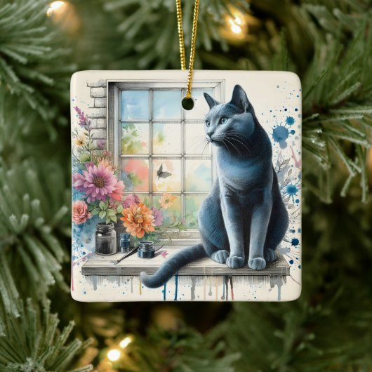 Russisch Blauw Kat in Raam met Waterverf Bloem Keramisch Ornament (Boom)